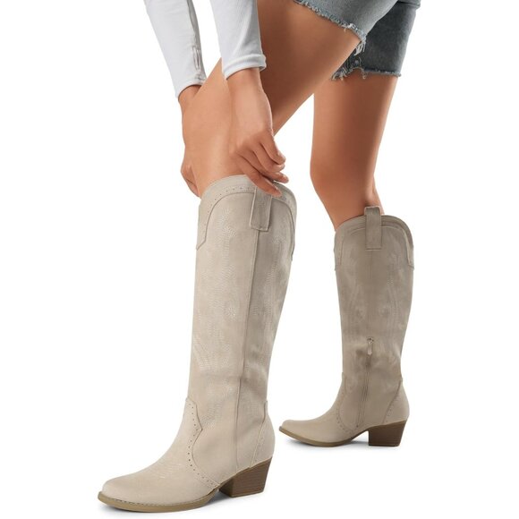 Women's Beige Comfortable Chunky Heel Embroidered Western Retro Knee High Boot - Picture 8 of 9